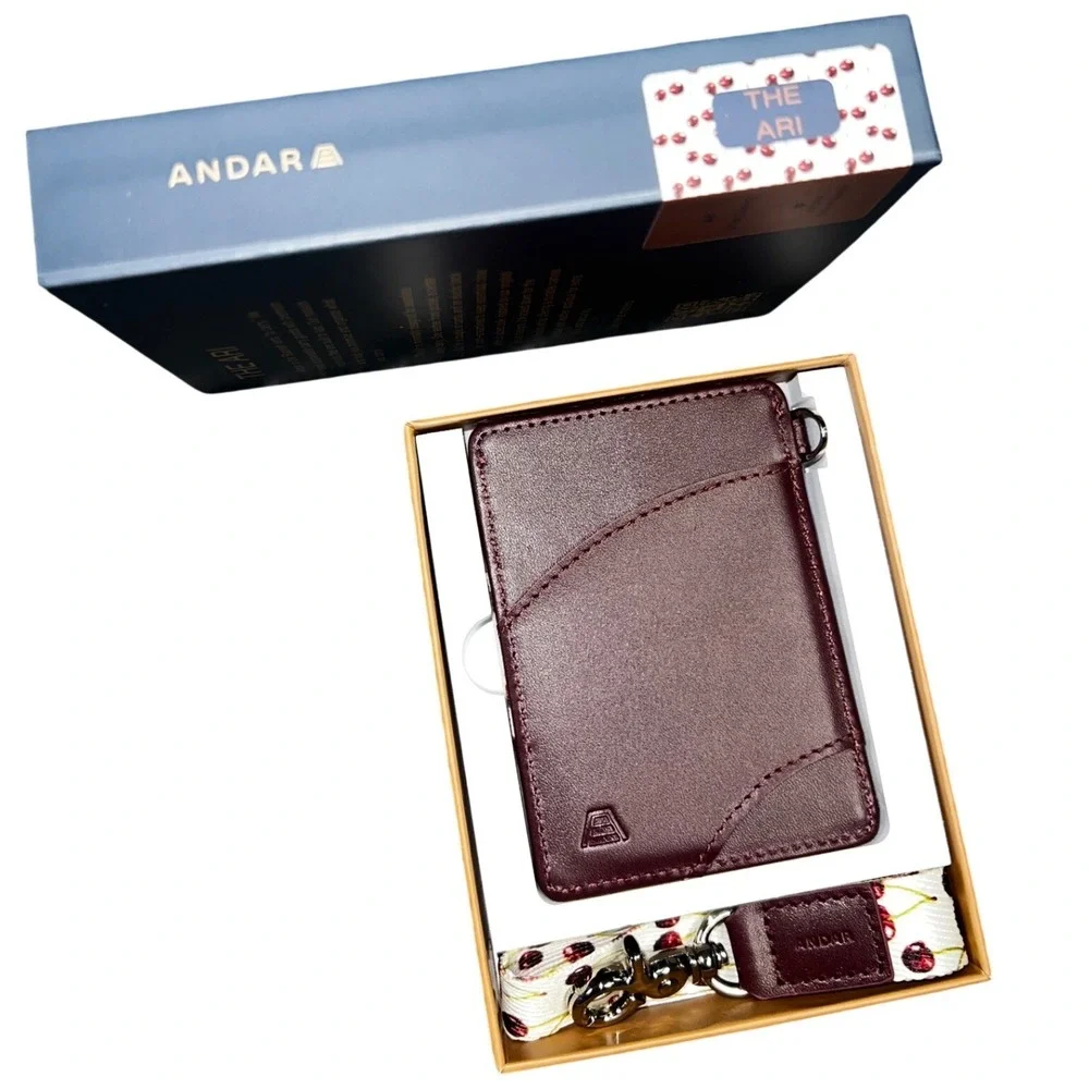 Andar The Ari Slim Leather Card Holder Wallet Wild Cherry Print with Lanyard NEW